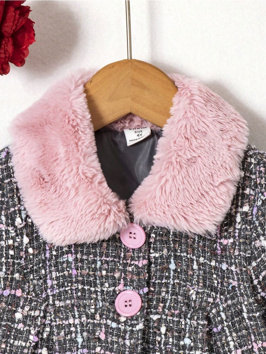 SHEIN Kids QTFun Young Girl Borg Collar Fold Pleated Overcoat