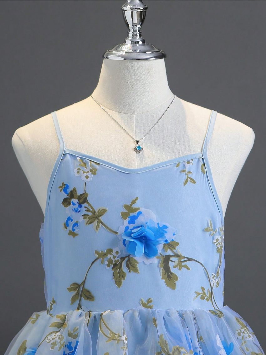 Tween Girls' Dress With Strap, 3d Flower Embellished Tulle Skirt, Ideal For Performance, Wedding, Party, Birthday