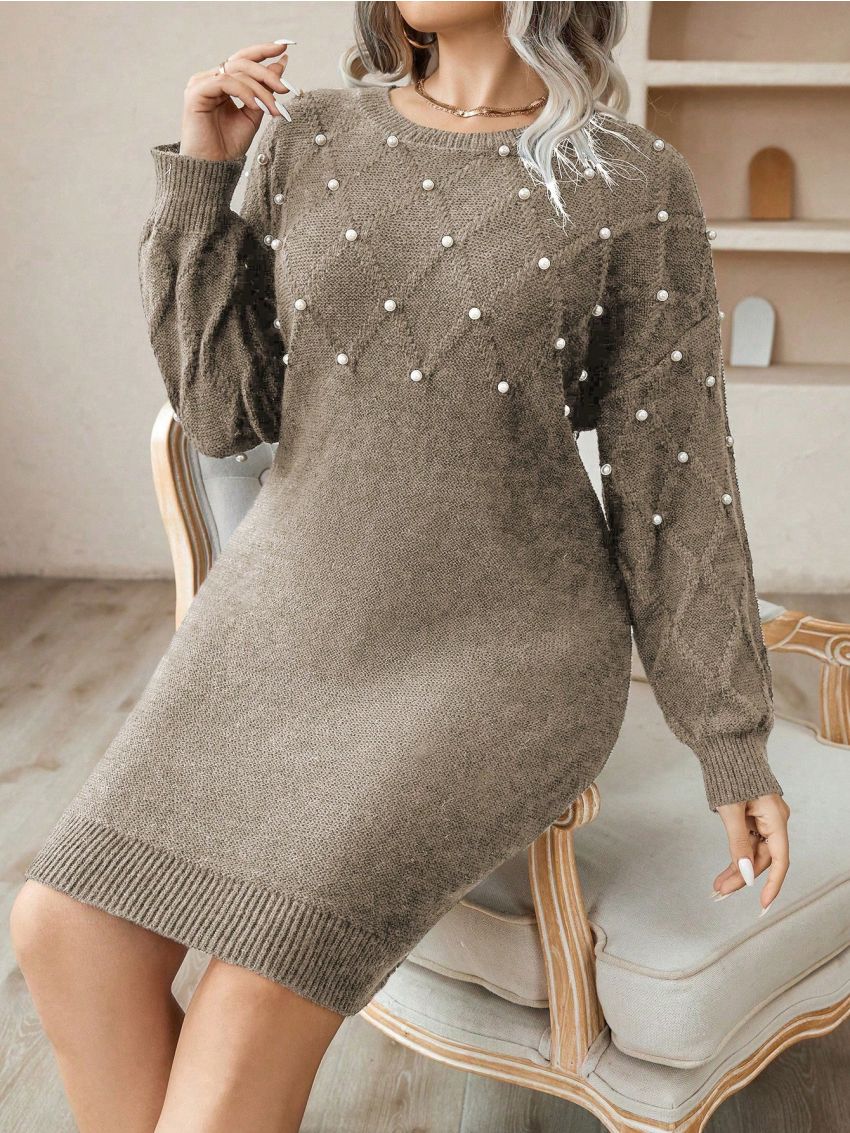 SHEIN Privé Plus Size Pearl Stud Embellished Knit Sweater Dress (belt Not Included)