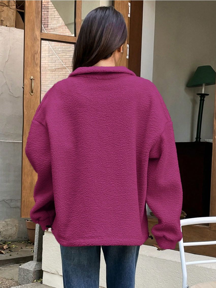 DAZY Letter Patched Half Zip Drop Shoulder Teddy Sweatshirt