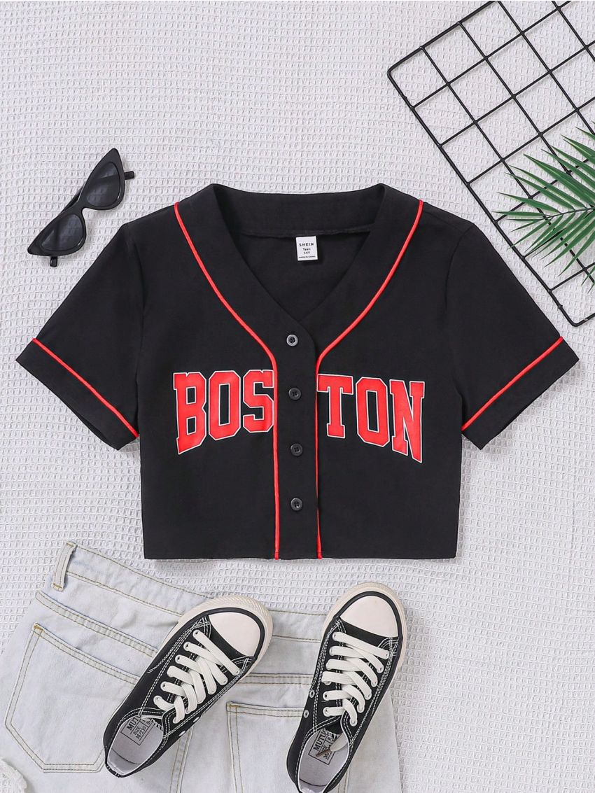 SHEIN Teen Girls' Button-Front Casual Shirt With Letter Print