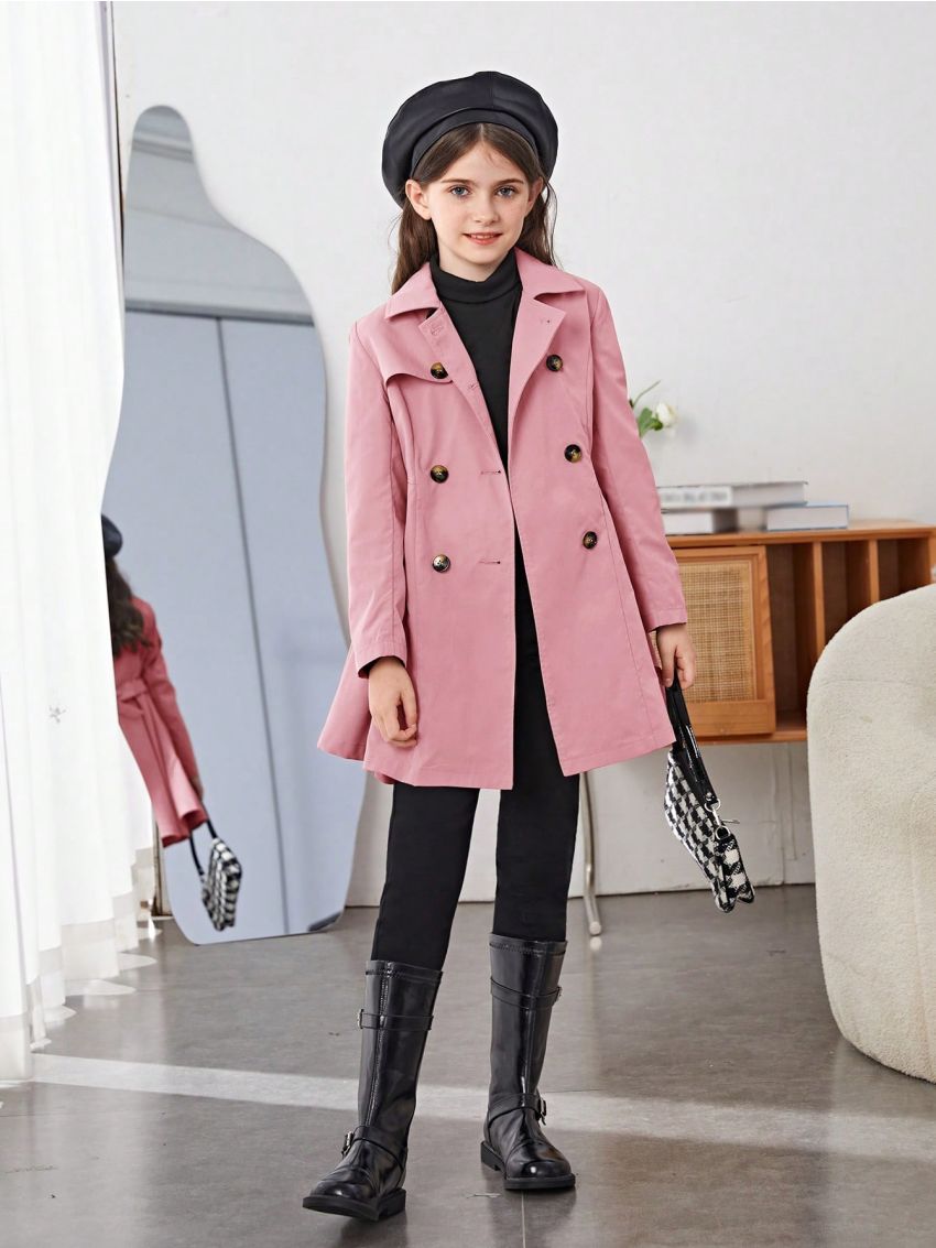 SHEIN Tween Girl Double Breasted Fold Pleated Belted Trench Coat