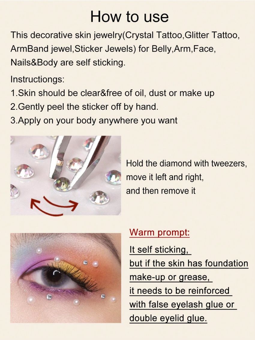 2pcs Multicolored 3d Rhinestone & Pearl Stickers For Eye/face Decors. Suitable For Diy, Music Festivals, Makeup & Dance Parties