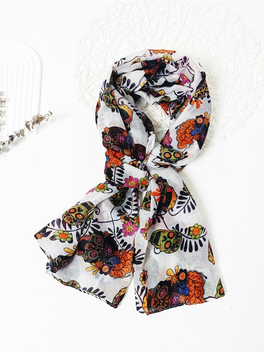 1 Halloween Gift Retro Style Skull Flower Print Voile Scarf That Can Be Used As A Headscarf