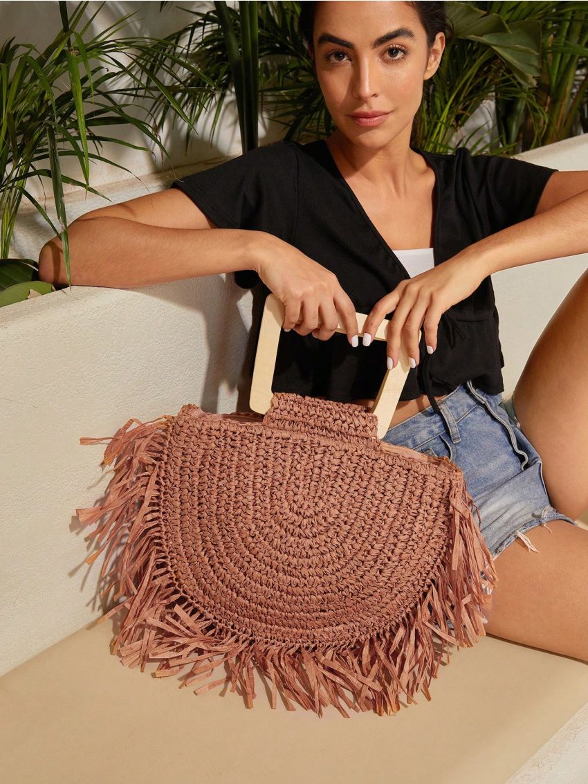 SHEIN VCAY Raw Hem Braided Ladies Khaki Woven Straw Tote Bag