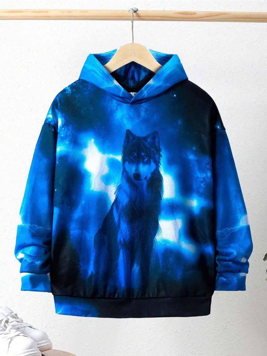 SHEIN Tween Boys' Casual Wolf Print Hoodie New Arrival