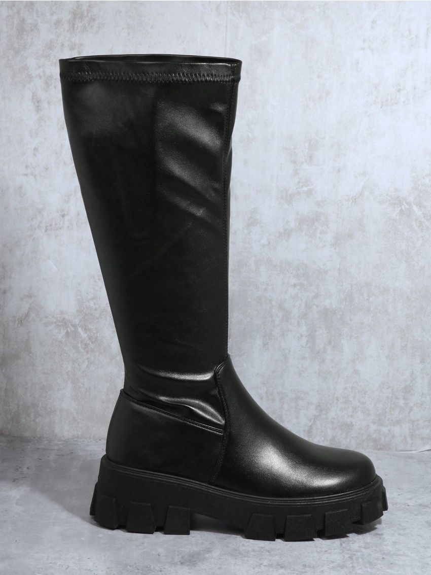 Faux Leather Knee High Lug Sole Boots