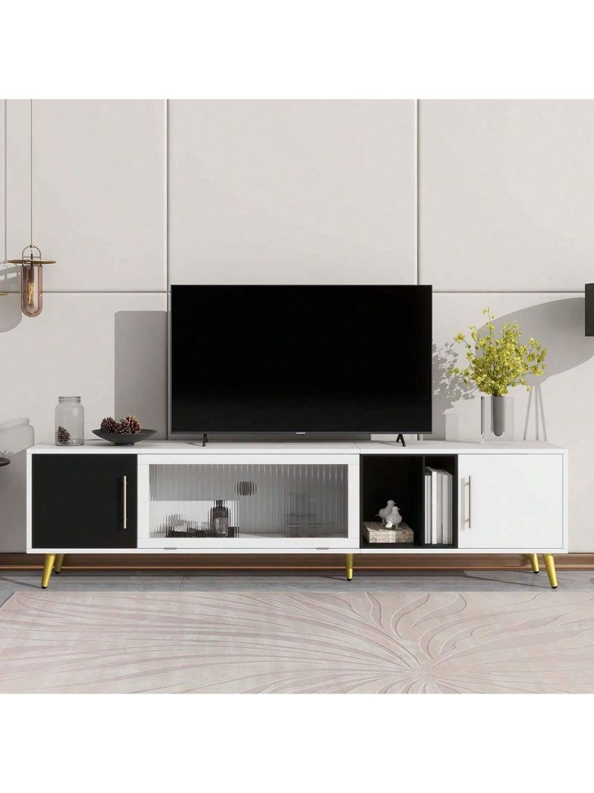 OSQI ON-Trend Stylish TV Stand with Golden Metal Handles&Legs, Two-Tone Media Console for TVs Up to 80