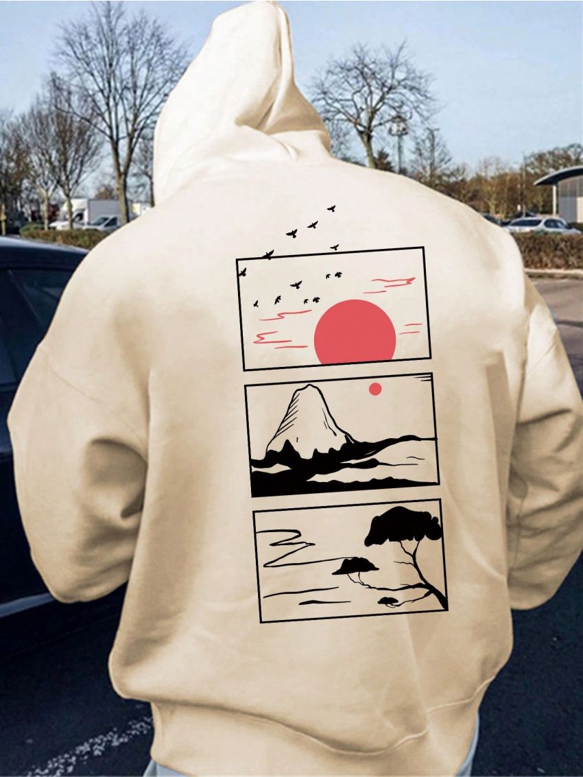 Manfinity Hypemode Men's Casual Mountain & Sun Pattern Hoodie