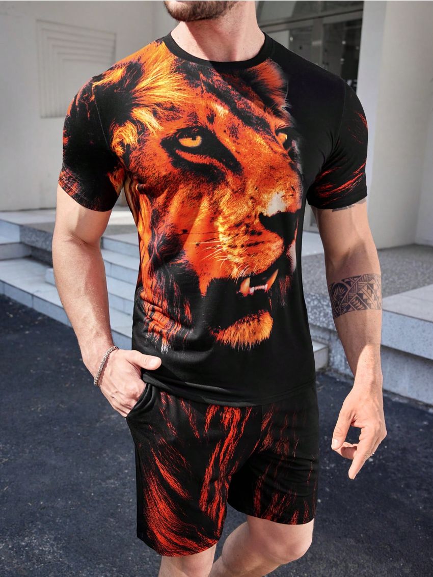 Manfinity LEGND Men's Lion Print T-shirt And Shorts Set