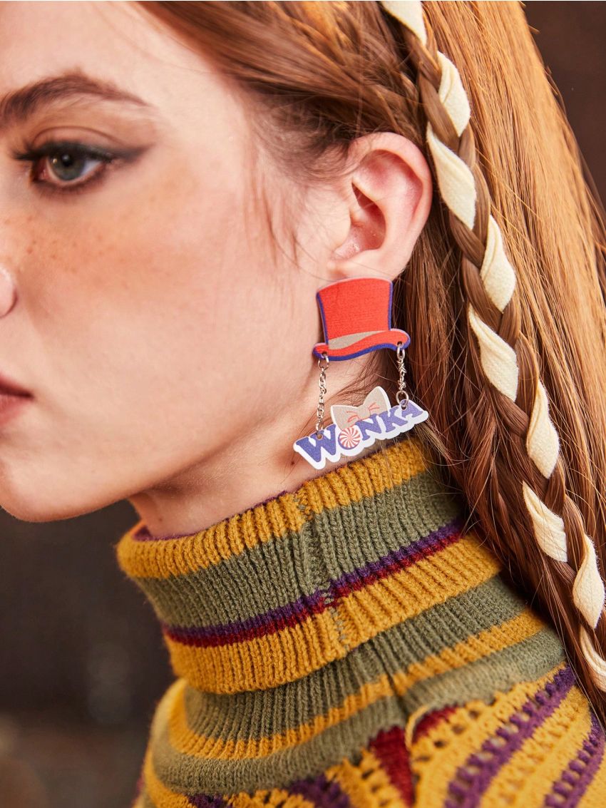 Willy Wonka and the Chocolate Factory X ROMWE 2pcs Hat & Letter Decor Drop Earrings