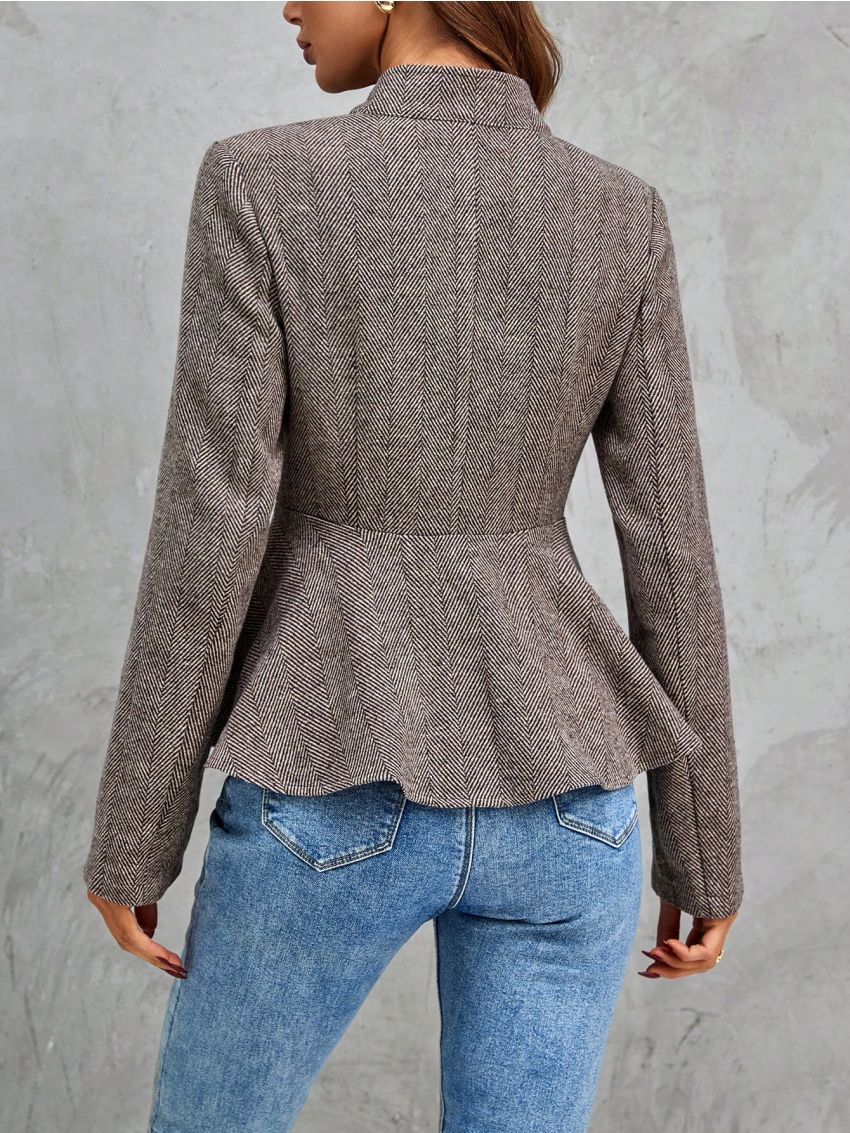 Herringbone Pattern Button Front Peplum Jacket