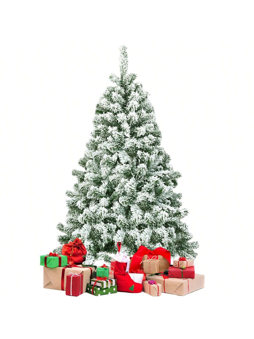Costway 4.5FT Artificial Hinged Christmas Tree Snow Flocked Pine Tree w/400 Tips and Foldable Base
