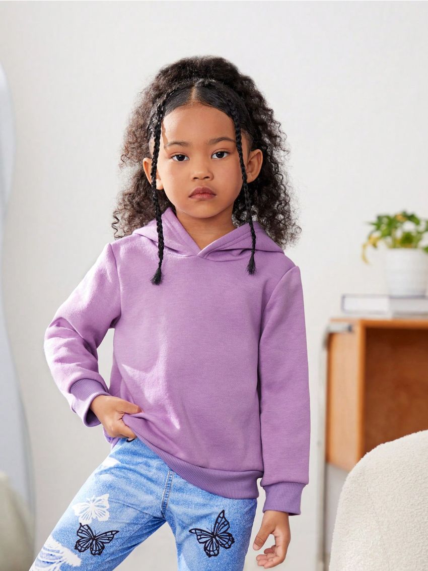 SHEIN Kids KDOMO Little Girls' Butterfly And Slogan Print Fleece Hoodie