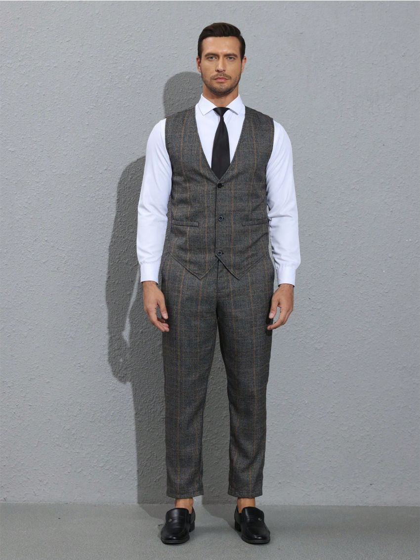 Manfinity Men's Plaid Button Vest Pants Suit Set