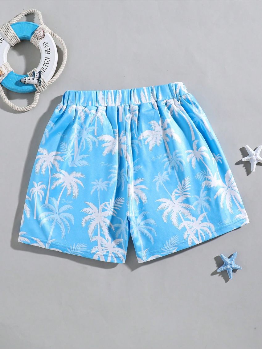 SHEIN Tween Boy's Casual Vacation Palm Tree Print Tight Knit Swim Trunks