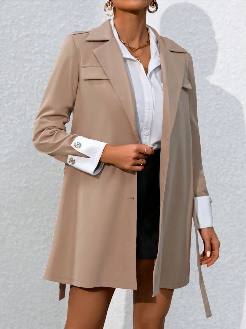 SHEIN LUNE Ladies' Turn-Down Collar Coat With Contrast Cuff, Waist Belted And Buttons