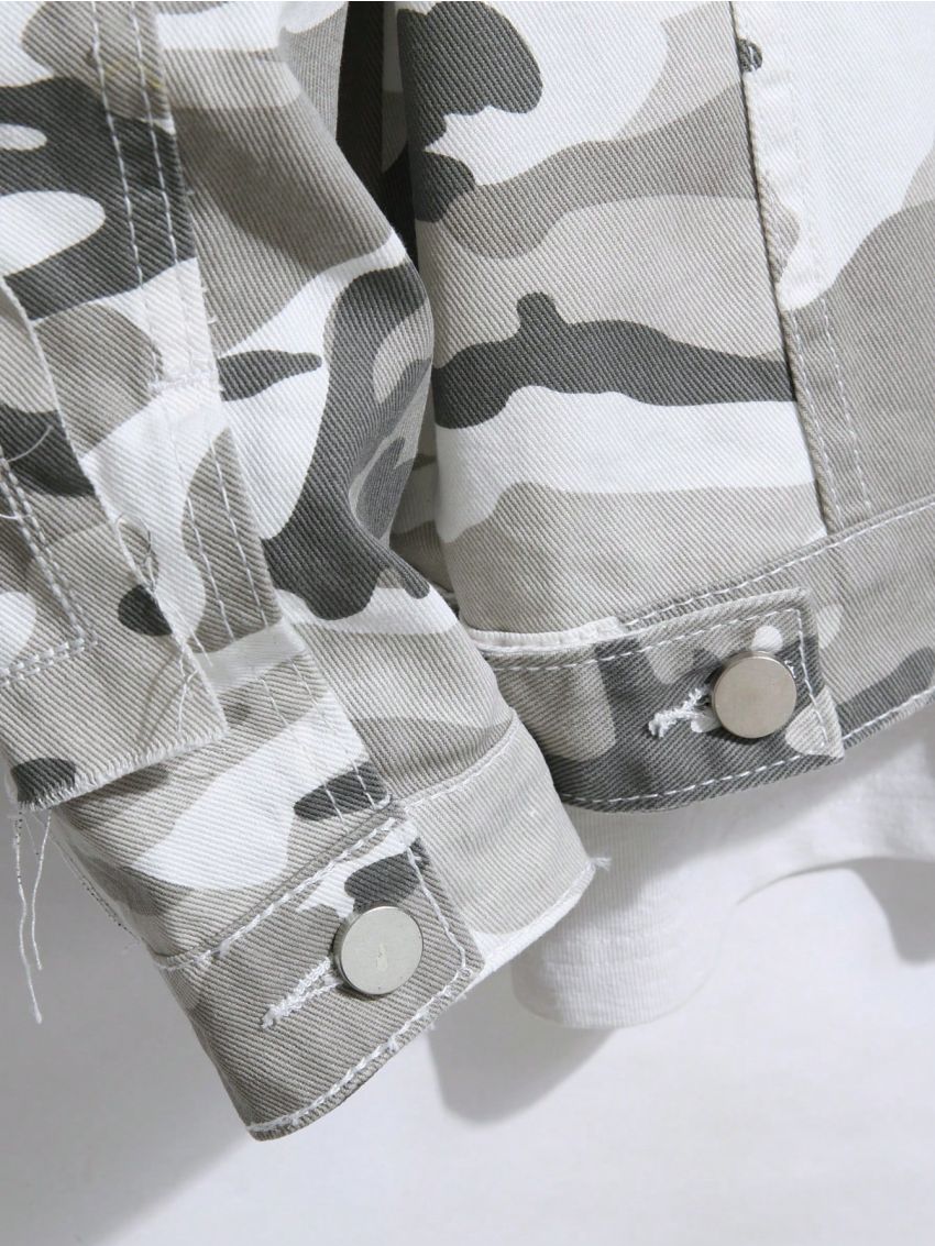 Manfinity EMRG Men's Camouflage Print Frayed Denim Jacket