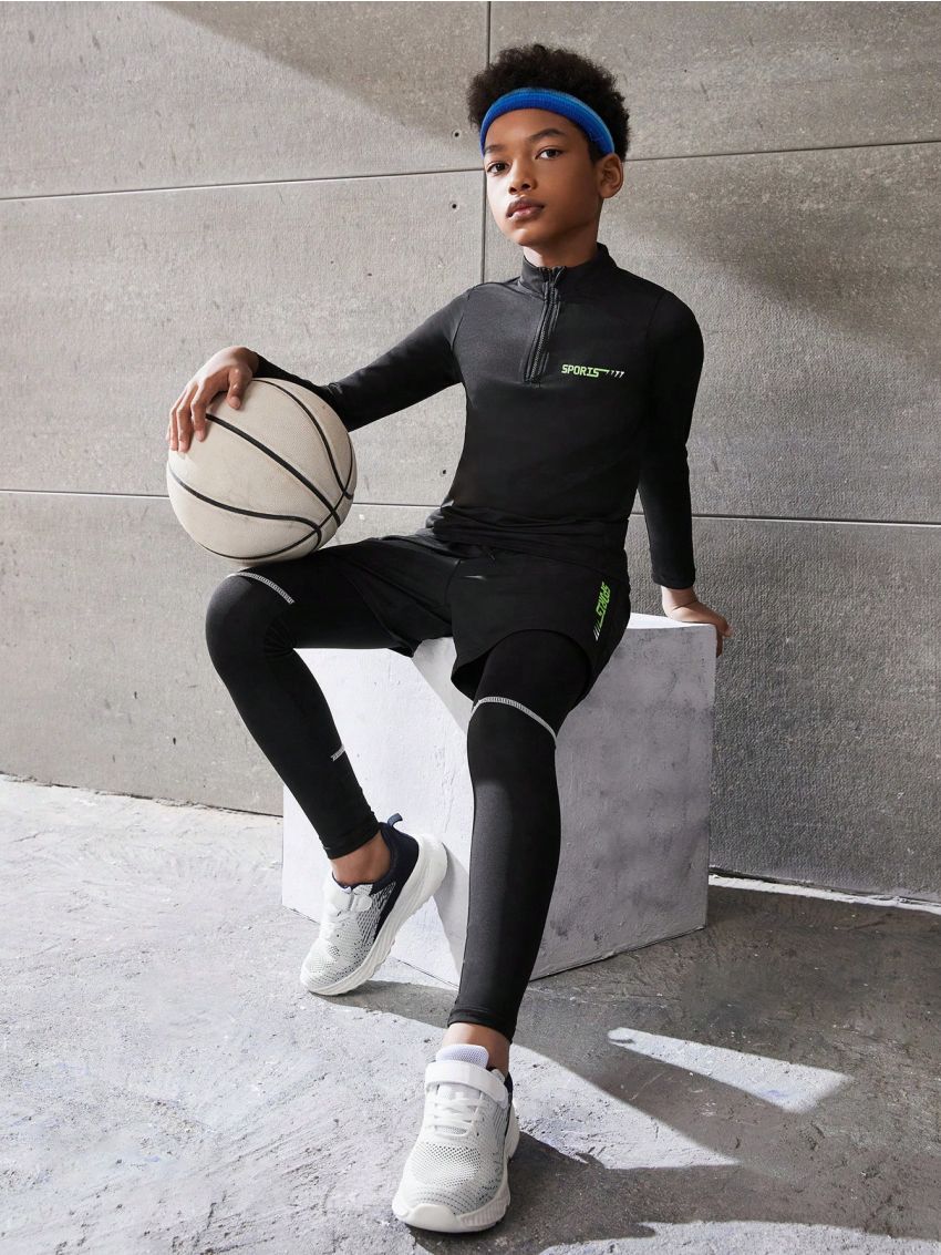 Boys' Long Sleeve 2 in 1 Shirt & Long Pants Set, White Color Block Stripe Compression Tights, High Elasticity, Breathable, Comfortable, Suitable For Workout, Cycling, Running, Etc.