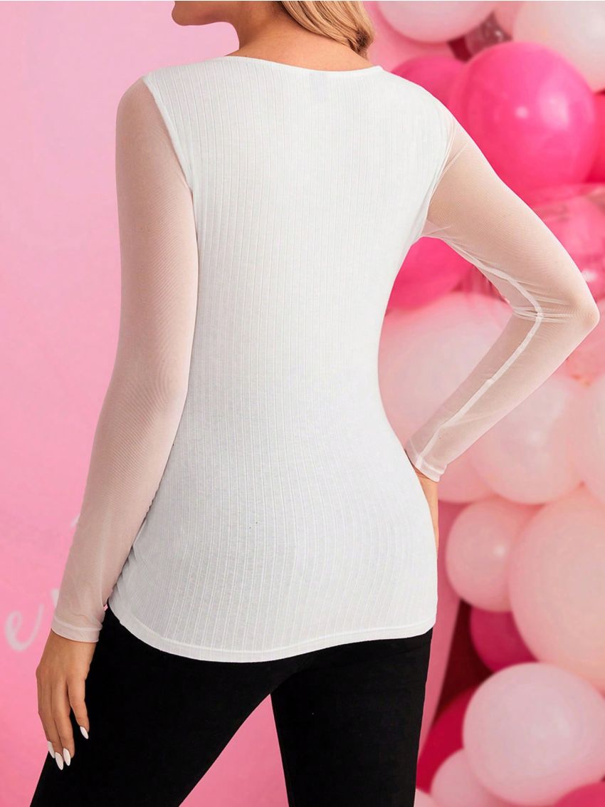 SHEIN Maternity Lace Trim V-Neck Mesh Long Sleeve T-Shirt