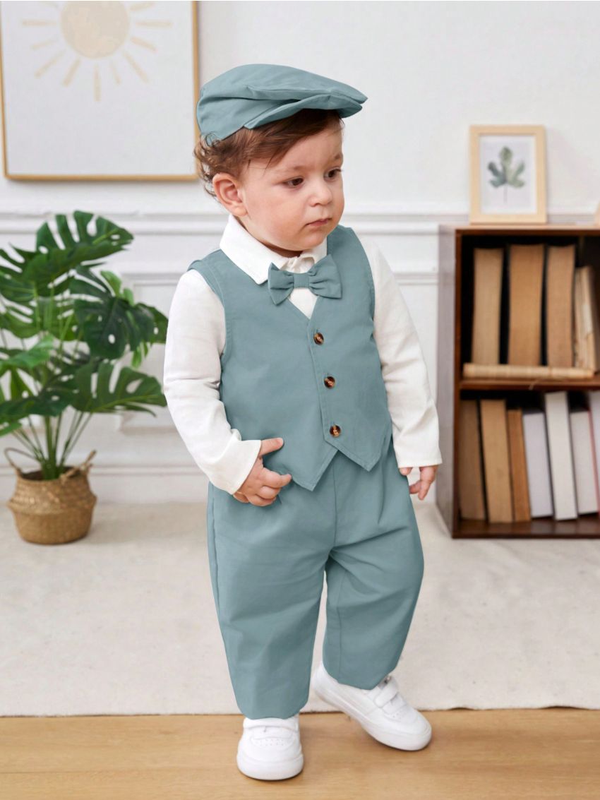 SHEIN Baby Boy Bow Front Shirt & Pants & Hat & Vest Blazer