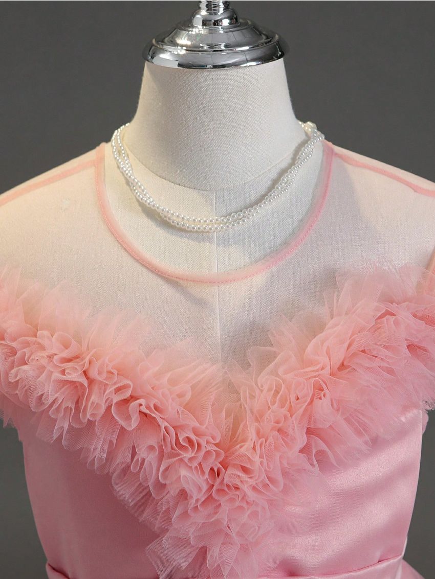 Tween Girls' Pink Fashionable Dress With Ruffles & Mesh Overlay