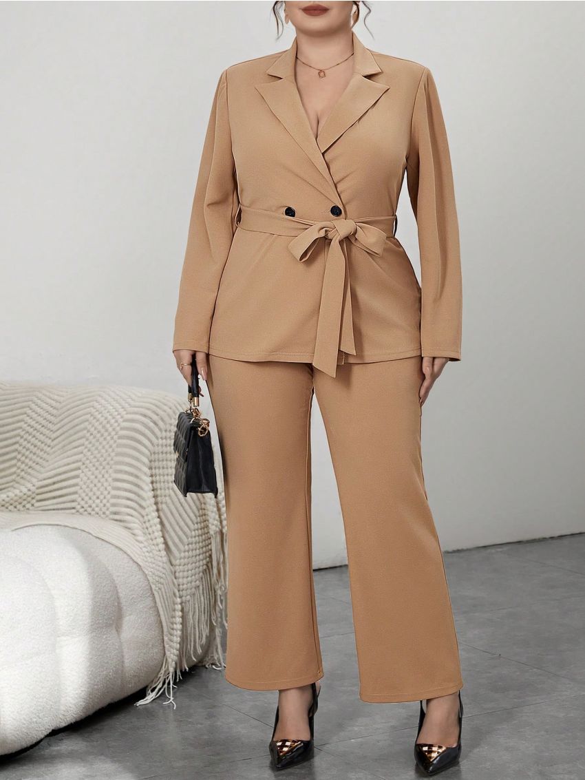 SHEIN Privé Plus Double Button Belted Blazer & Pants