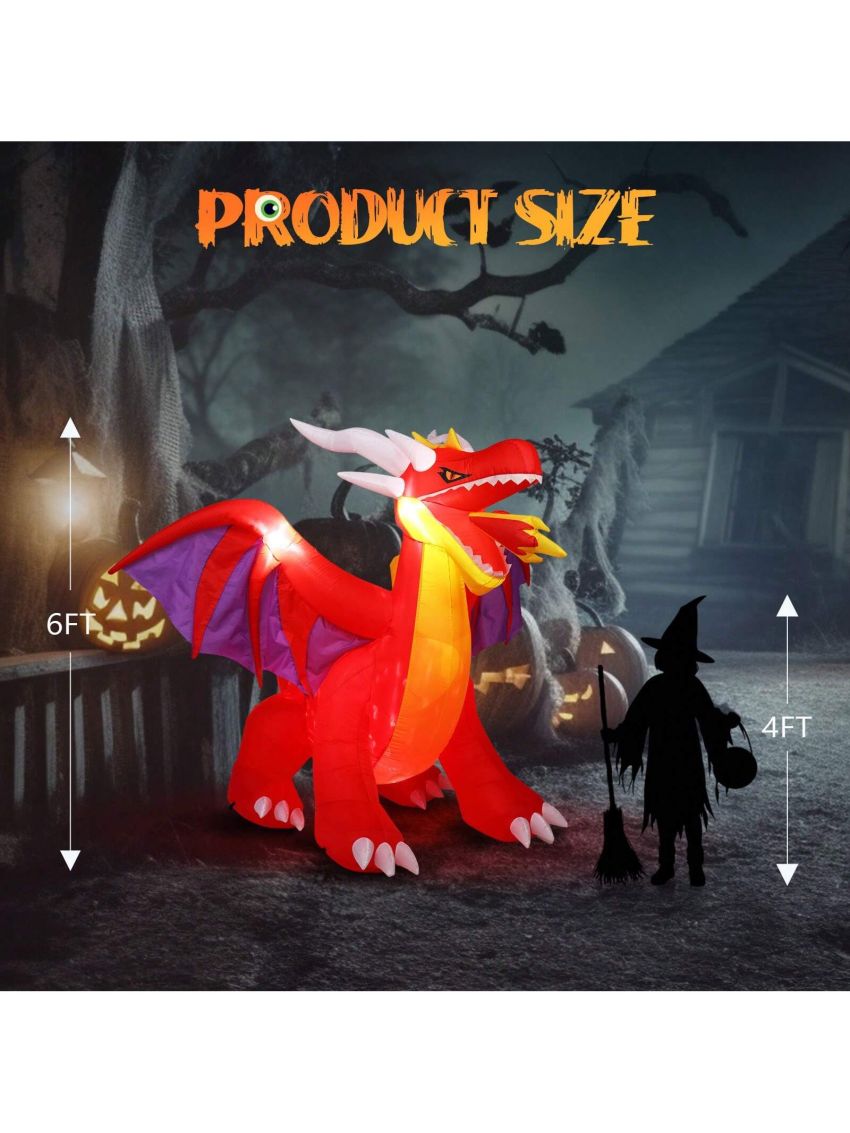 Halloween Inflatables Large 6 ft Fire Dragon with 3pcs LED String Lights Inflatable Halloween Decoration , Halloween Decorations for Yard, Lawn