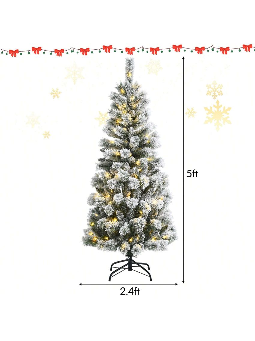 Costway 5FT Pre-Lit Hinged Christmas Tree Snow Flocked w/9 Modes Remote Control Lights