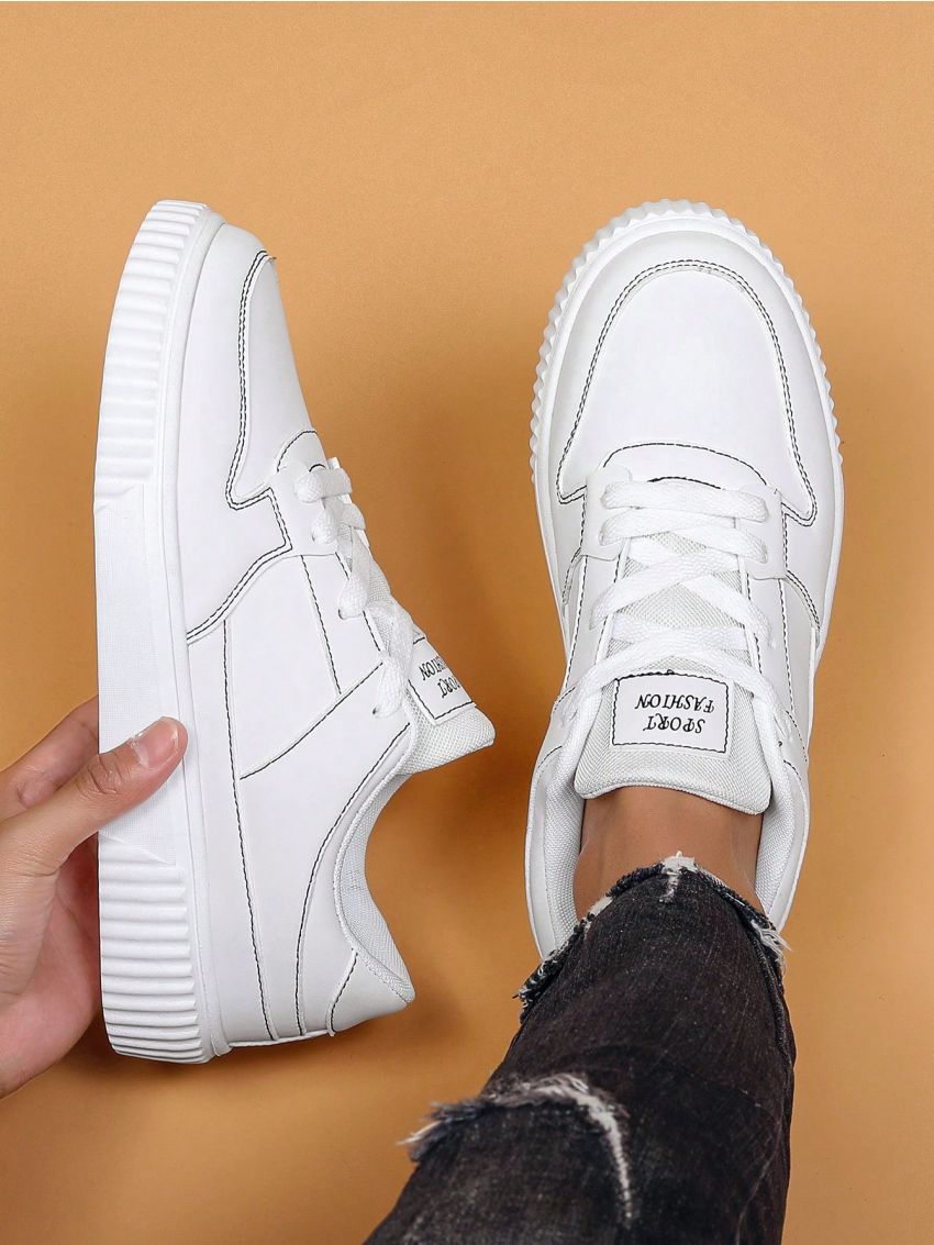 Men's White Lace-up Sport Shoes, Street Fashion Skate Shoes, Casual Shoes