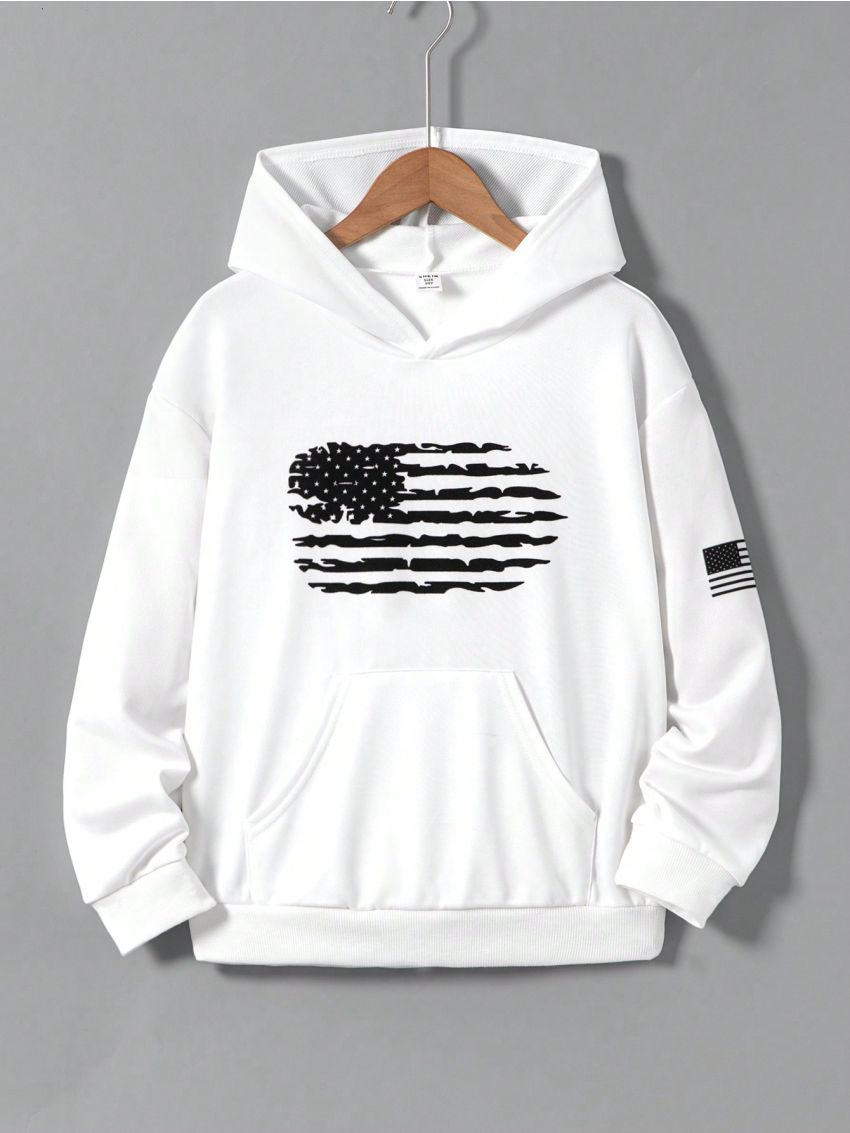 SHEIN Kids Academe Tween Boys' American Flag Printed Casual Hooded Long Sleeve Sweatshirt