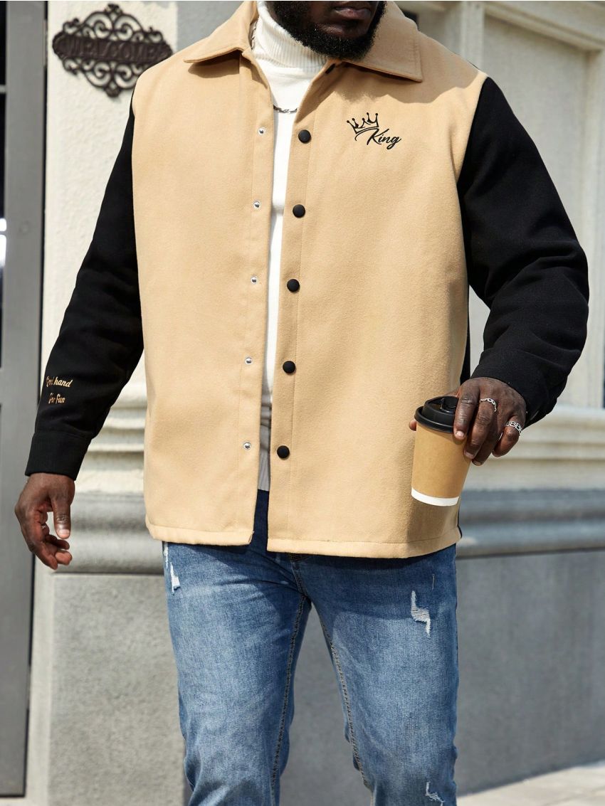 Extended Sizes Plus Size Men's Woolen Jacket With Letter Print And Color Block Design