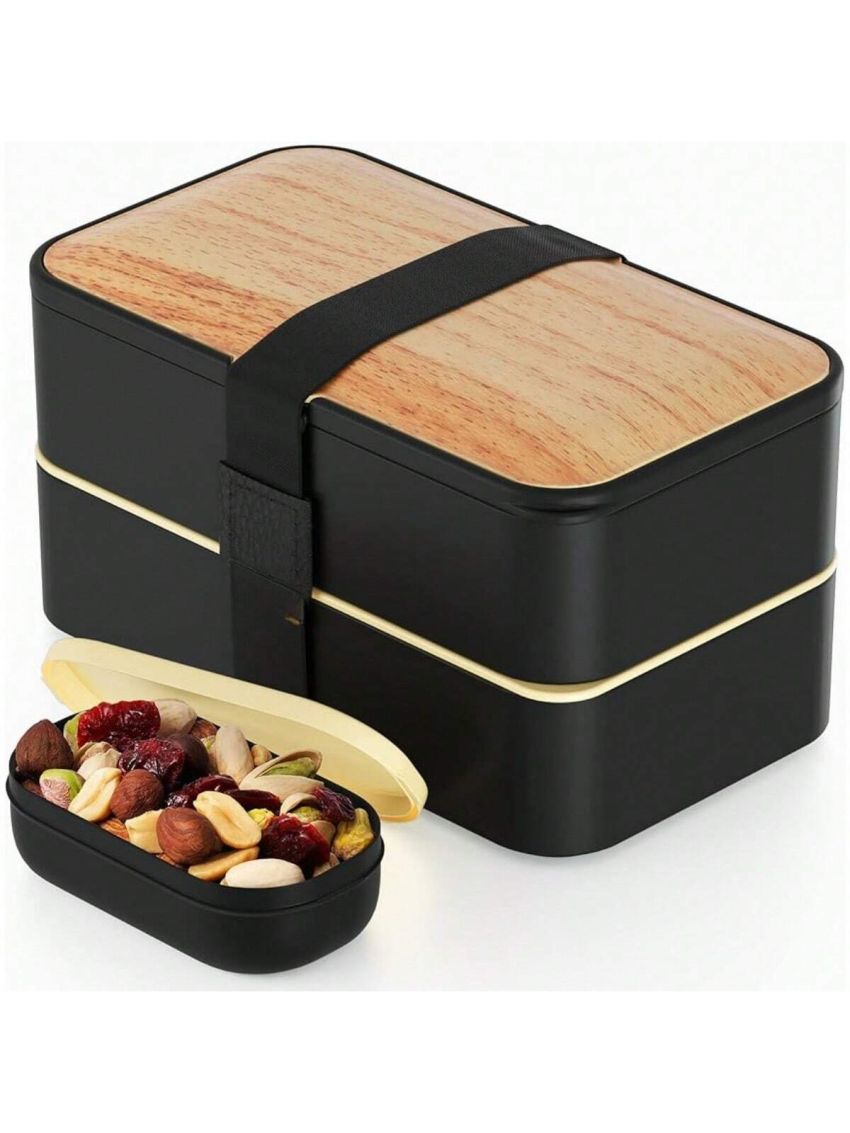 Premium Box Adult Lunch Box with 2 Compartments (40oz), Cutlery & Set of Chopsticks, Large Dip Container, Cute Black Japanese Box, Rectangle, Microwavable (Symph-Onyx)