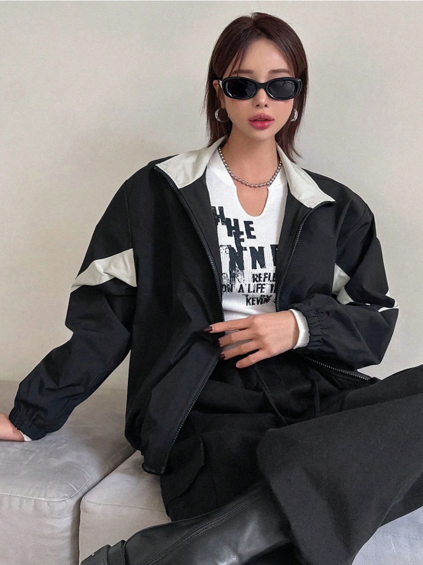 Dazy Star Women'S Color Block Zipper Jacket