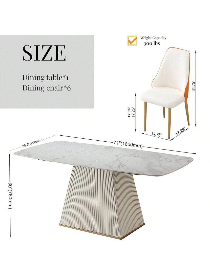 Montary 7 Piece Dining Room Set, Modern Dining Table and Chairs Set, Sintered Stone Dining Table Set for 6, White Marble Dining Table with 6 Orange Chairs for Kitchen, Dining Room