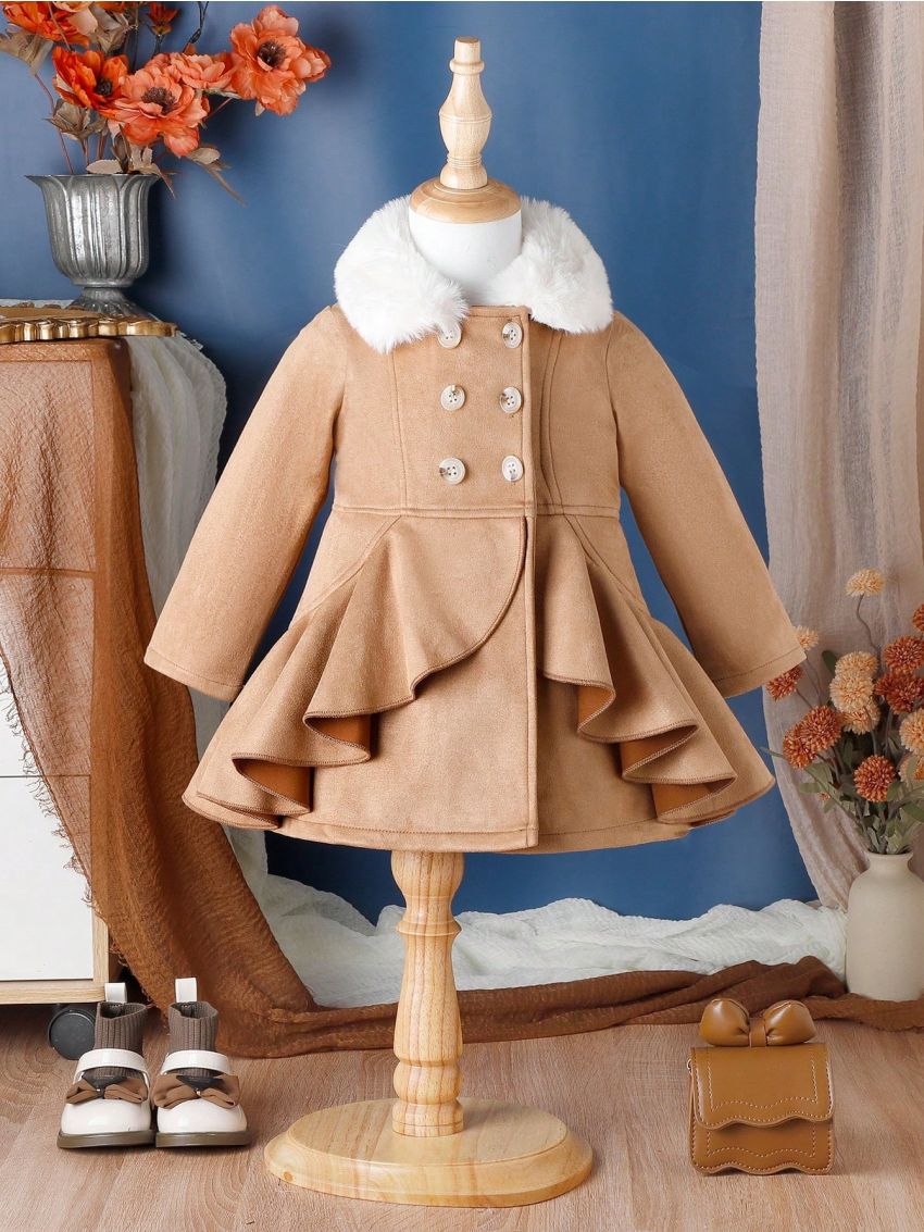Infant Girls' Elegant Woolen Coat With Collar, Autumn/winter