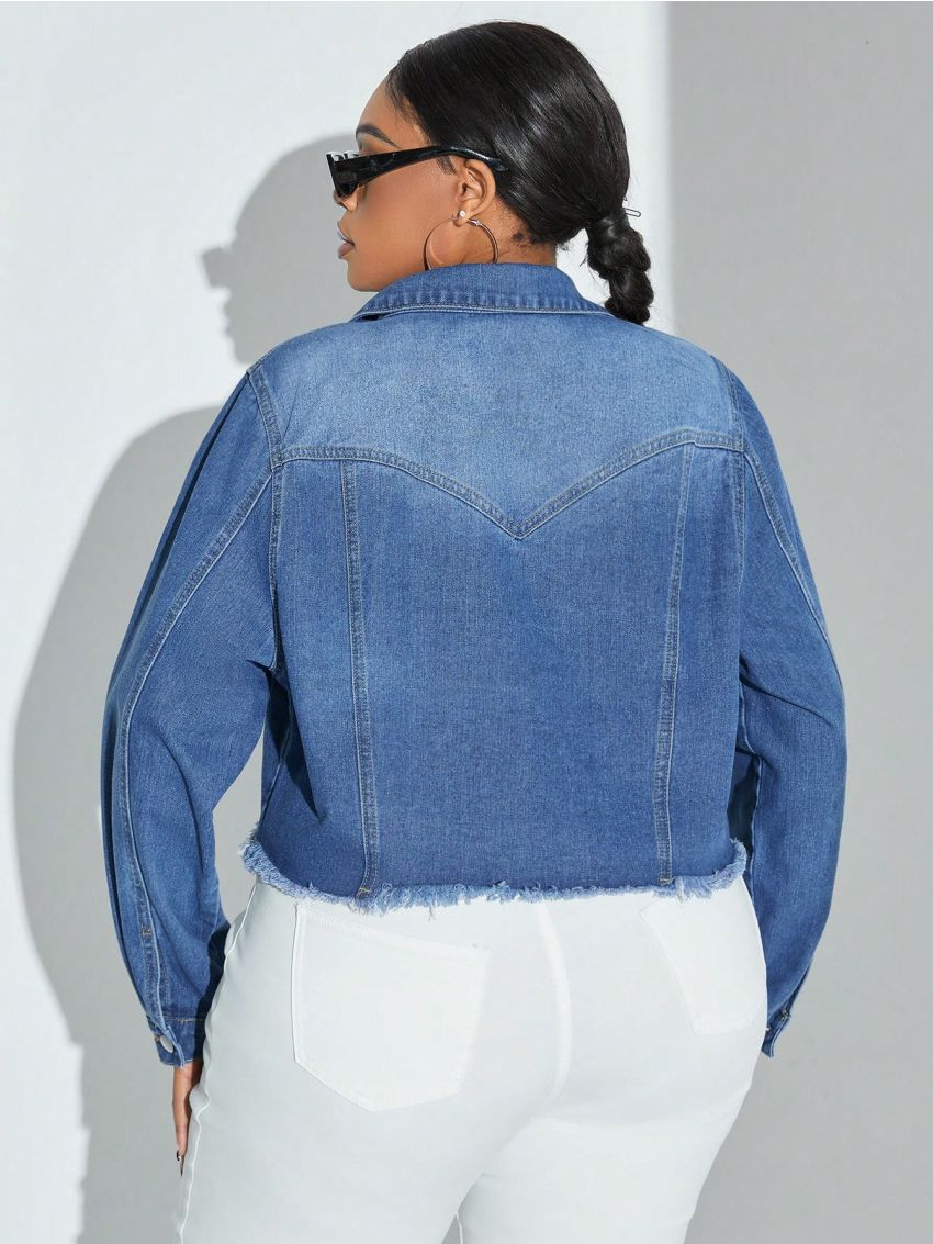 SHEIN SXY Plus Size Short Denim Jacket With Zipper & Pocket Design And Fringe Hem