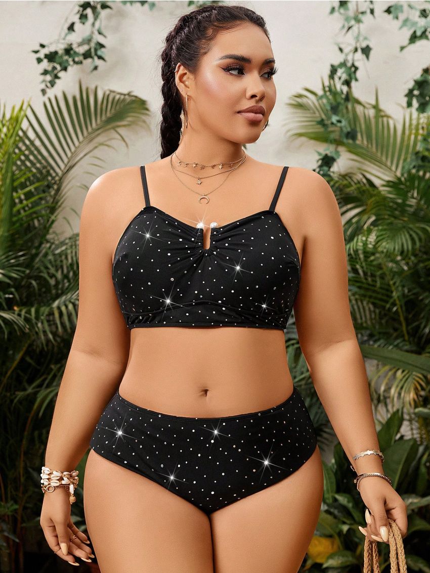 SHEIN Swim Vcay Plus Size Shiny Black Swimwear Set, Two Piece Separates