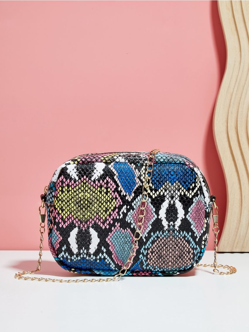 Mini Colorblock Snakeskin Pattern Chain Dome Bag