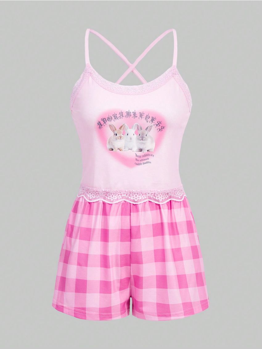 ROMWE Kawaii Women's Bunny Slogan Print Camisole Plaid Shorts Pajama Set