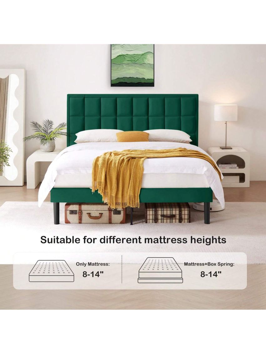 Flolinda Full Size Bed Frame Velvet Upholstered Full Bed Frame with Higher Comfortable Headboard Platform Bed Frame Full Mattress Foundation No Box Spring Needed/Easy Assembly Green
