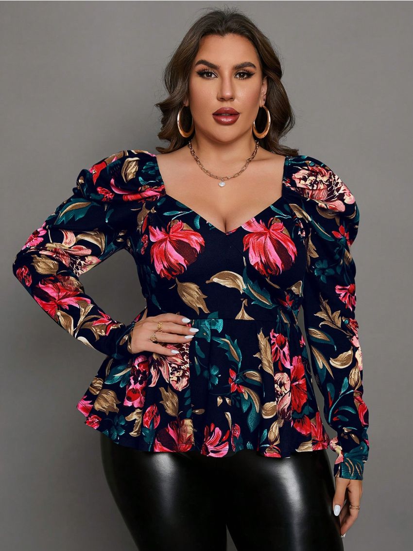 SHEIN Clasi Plus Floral Print Gigot Sleeve Peplum Tee