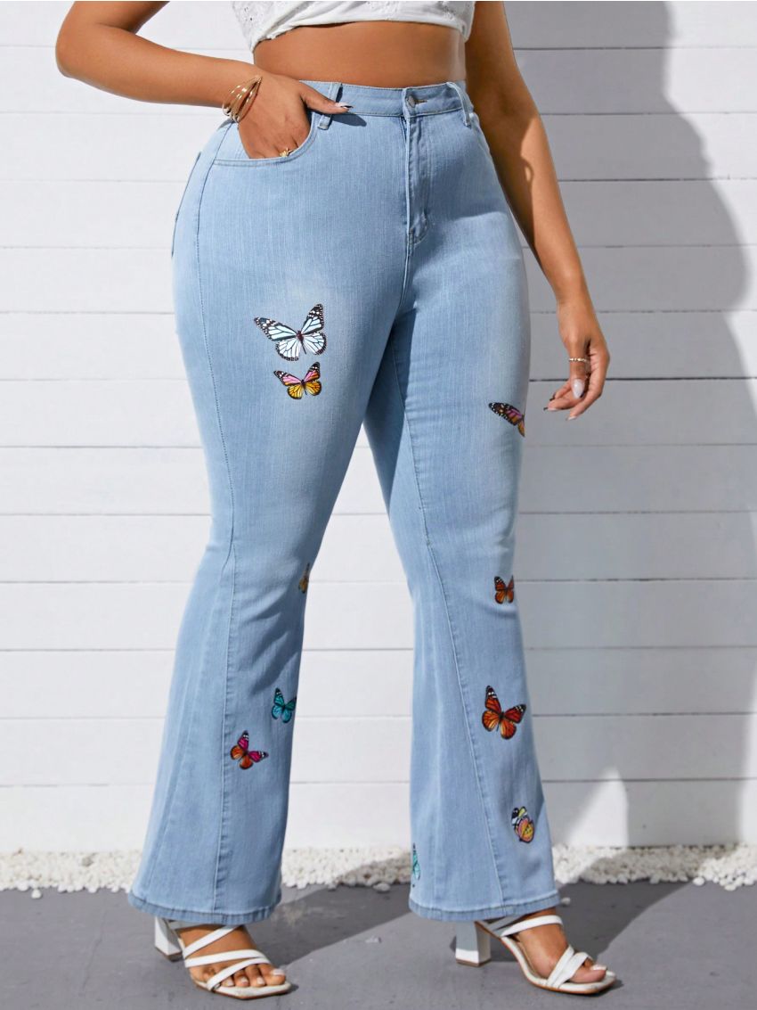 SHEIN SXY Plus Size Women'S Butterfly Print Flared Jeans