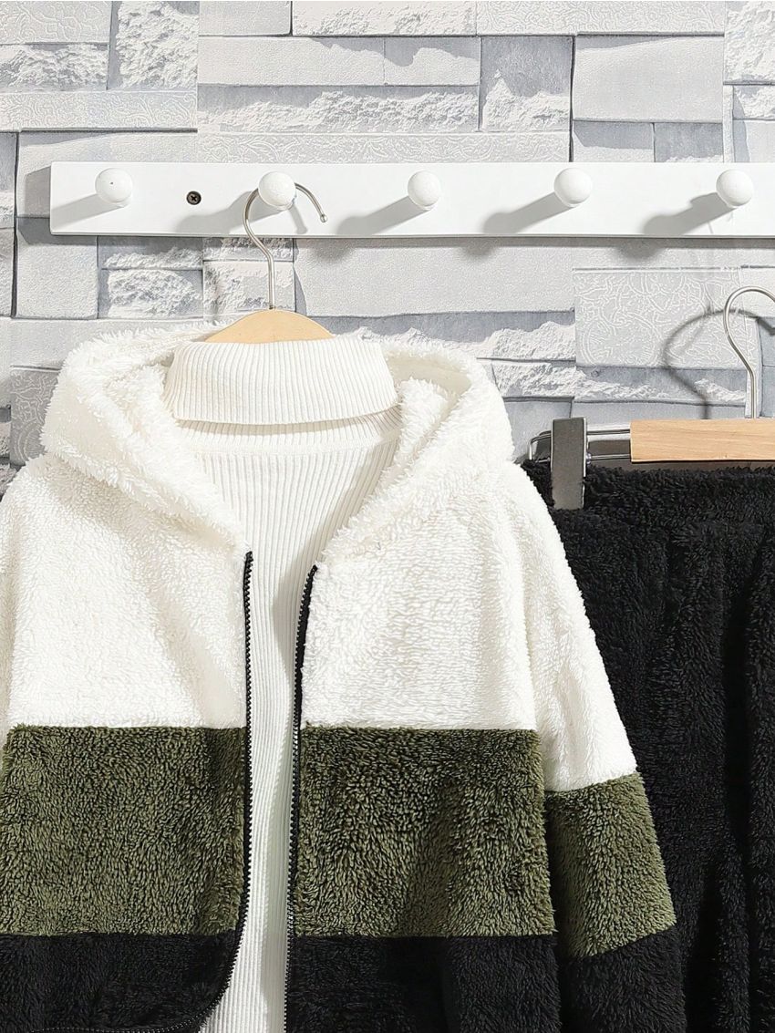 SHEIN Kids EVRYDAY Boys' Casual Hooded Zip-up Plush Jacket And Color Block Pants Outfit Set, Winter