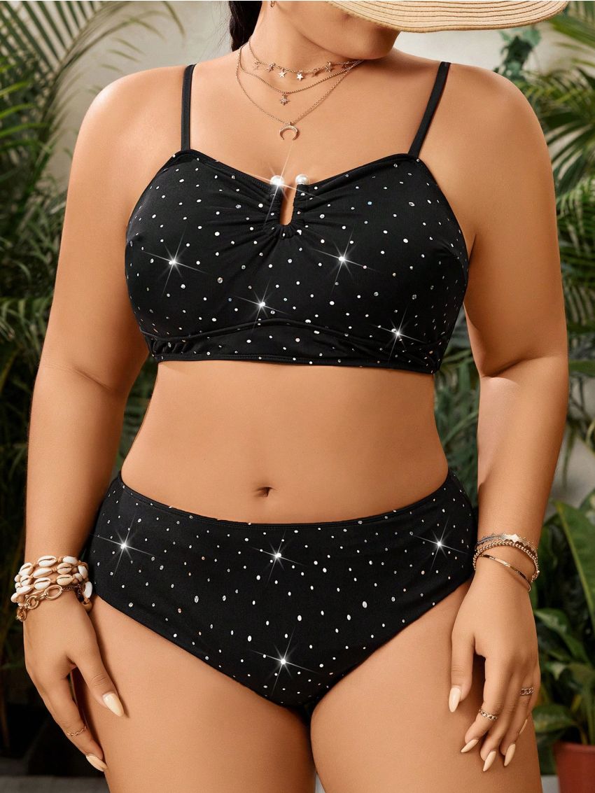 SHEIN Swim Vcay Plus Size Shiny Black Swimwear Set, Two Piece Separates
