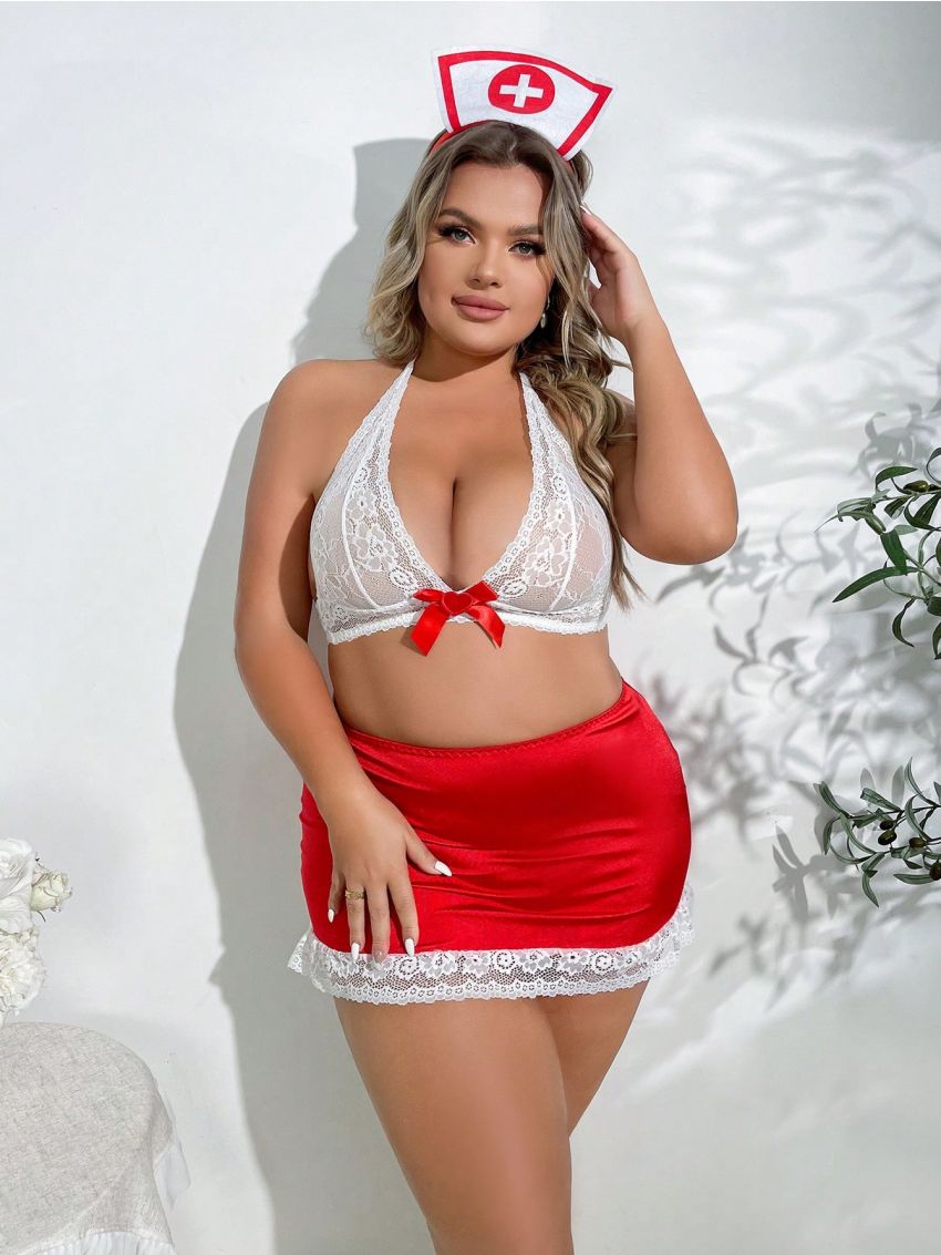 Plus Size Women's Lace Wireless Bra, Skirt, Headpiece 3pcs/Set