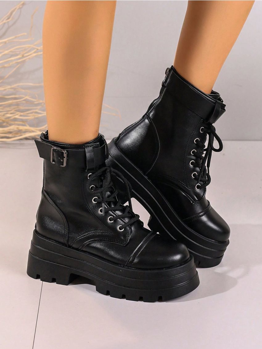 Women's Fashion Thick-soled Belt Buckled Black Pu Boots For Winter, Motorcycle Style, Short Style