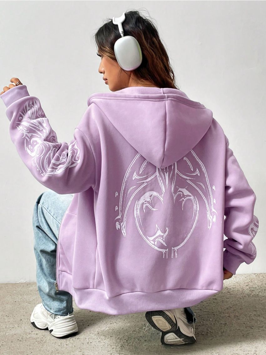 Printed Hooded Zipper Sweatshirt