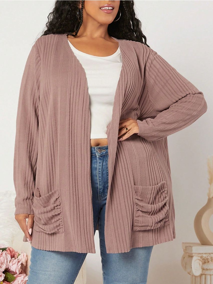 SHEIN CURVE+ Plus Size Women's Pink Knitted Cardigan With Open Front