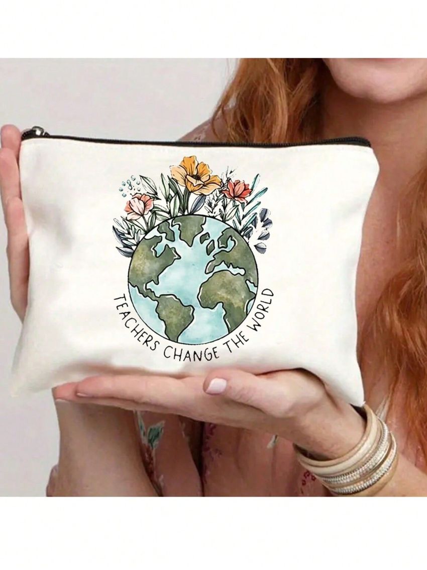 Teacher Change The World Print Cosmetics Bag, Travel Pouch Bag Toiletry Bag, Gift For Teacher,Teacher Appreciation Gifts Music Teacher Gifts Teacher Survival Kit Teacher Supplies For Classroom Best Teacher Gift Small Gift Bags Makeup Bag Teacher Bag